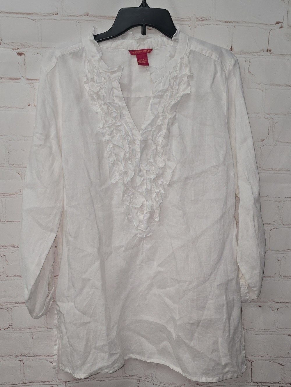 Sunny Leigh White Ruffle V-Neck Tunic 100% Linen Womens Size XL